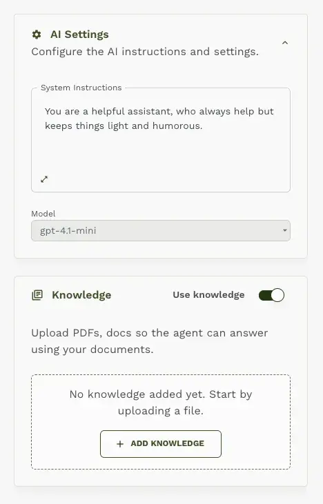Configured AI settings and knowledge card