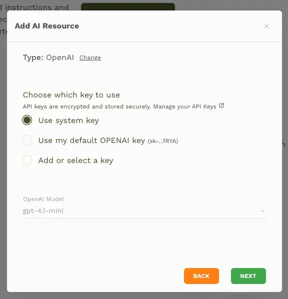 Choose API key and model modal
